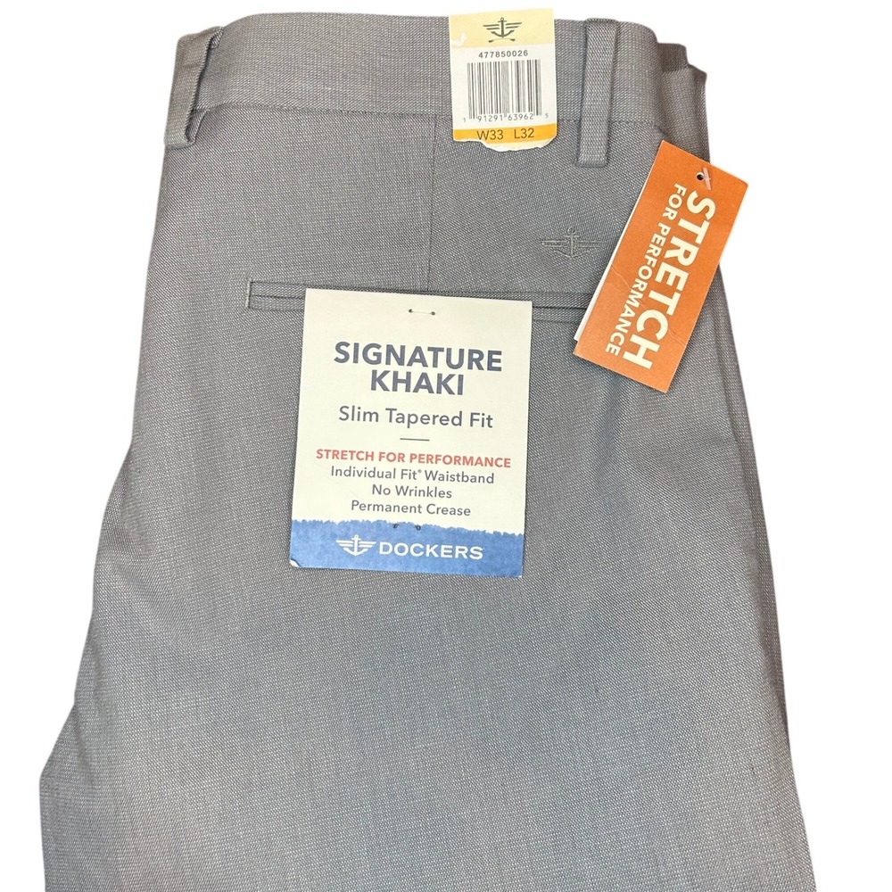 Dockers Signature Khaki Pants 33x32 Mens Grey Slim Tapered Stretch 47785-0026